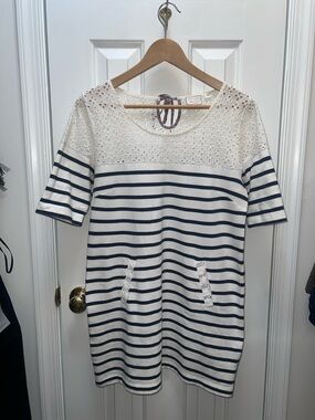 Anthropologie Postmark - Navy & White Eyelet Yoke Striped Midi Dress